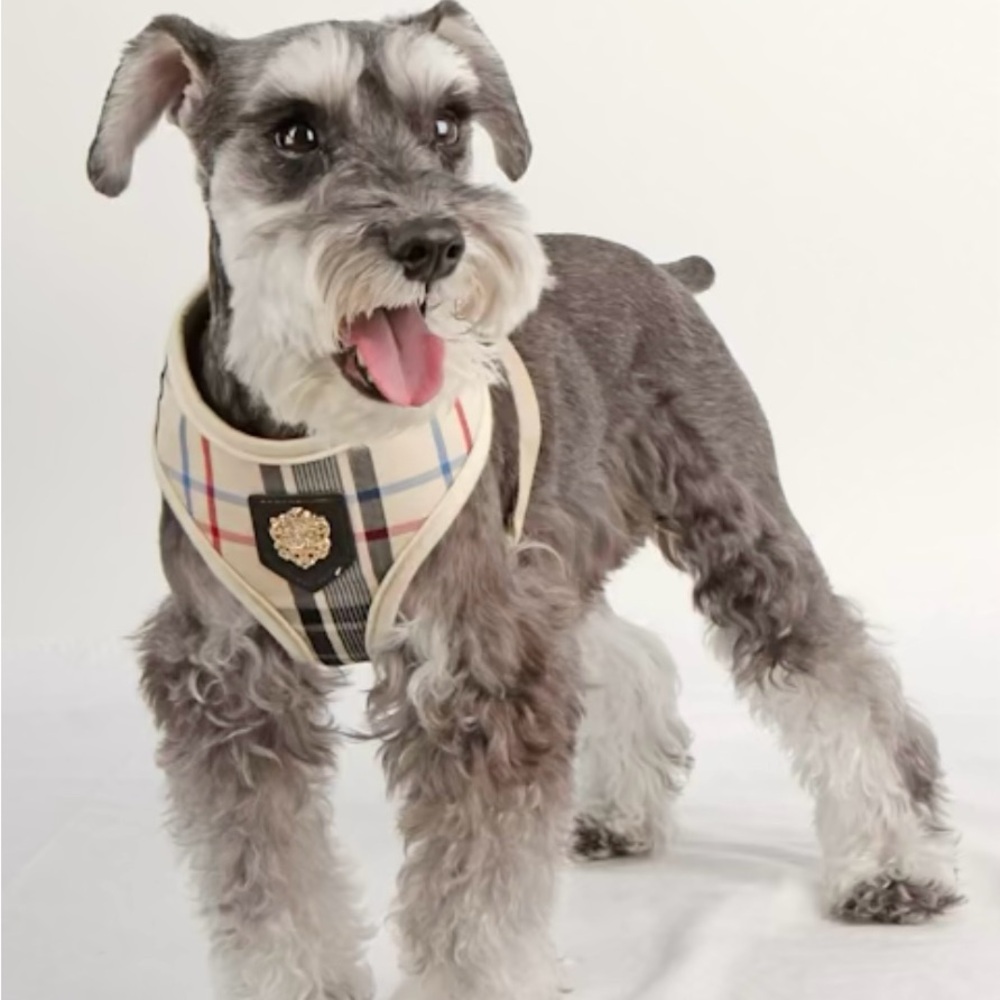 XS Puppia dog harness with QR tag locator tan british plaid novacheck pattern